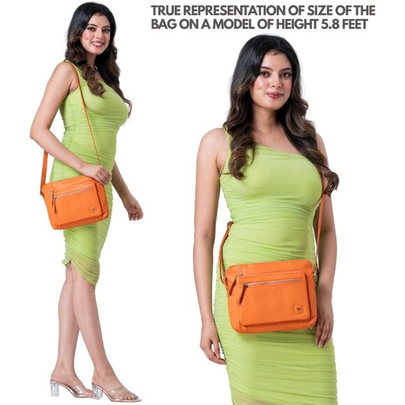Women Orange Imported Leather Polyester Crossbody Sling Shoulder Crossover Bag - Picture 2 of 6